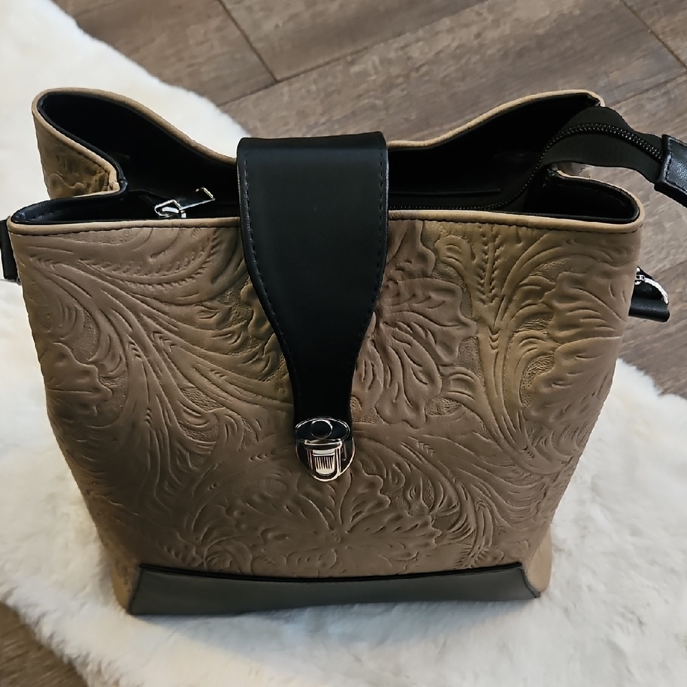 Embossed Tan and Black Tote Bag